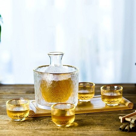 日式锤纹金边玻璃温酒器套装